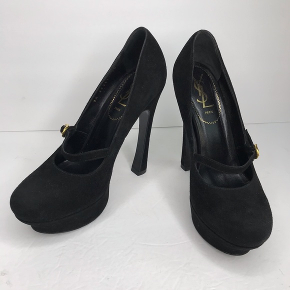 YSL Yves Saint Laurent Black Suede Tribtoo Mary Jane Platform Heels Size 38 - Picture 14 of 16